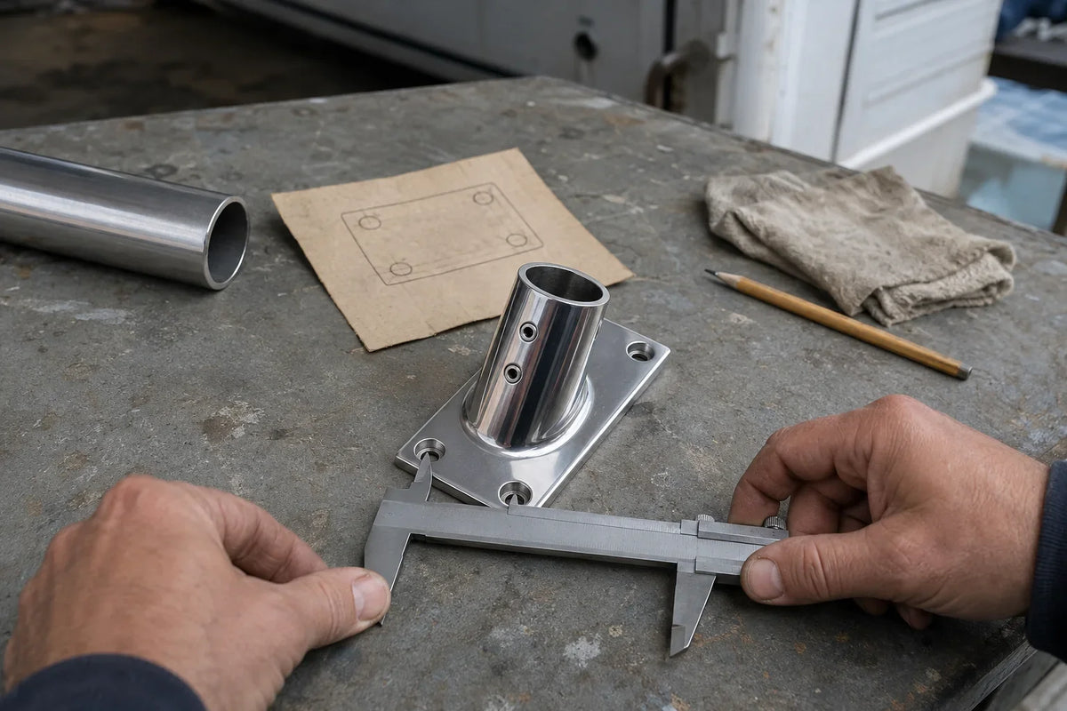 AI-generated technical illustration of stainless boat deck hardware, a caliper and a mounting-hole template on a workbench.