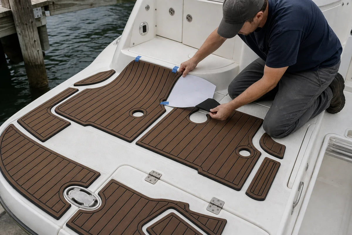AI-generated technical illustration of a boat owner dry-fitting EVA foam flooring panels with a paper template.
