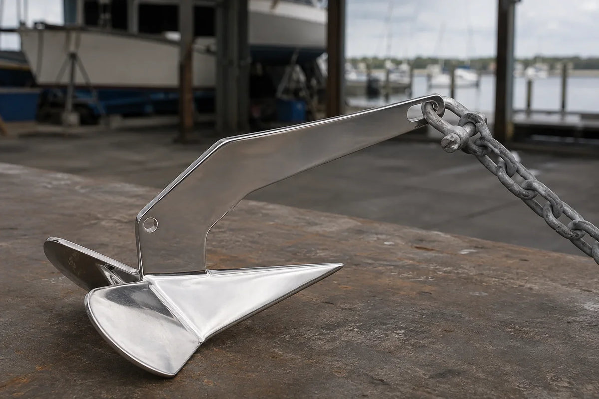 AI-generated technical illustration of an anchor shank eye connected to chain with a secured bow shackle.