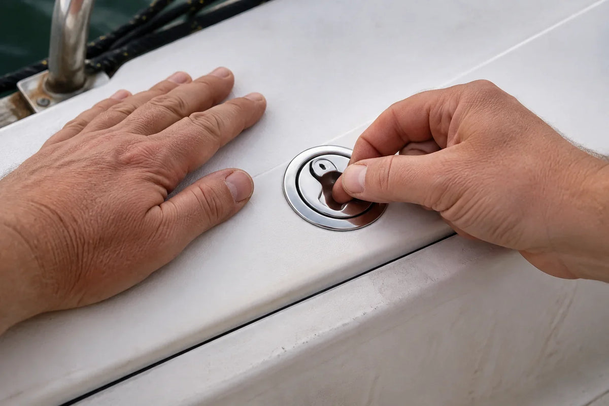 AI-generated technical illustration of hands checking a flush stainless hatch latch and gasket compression.