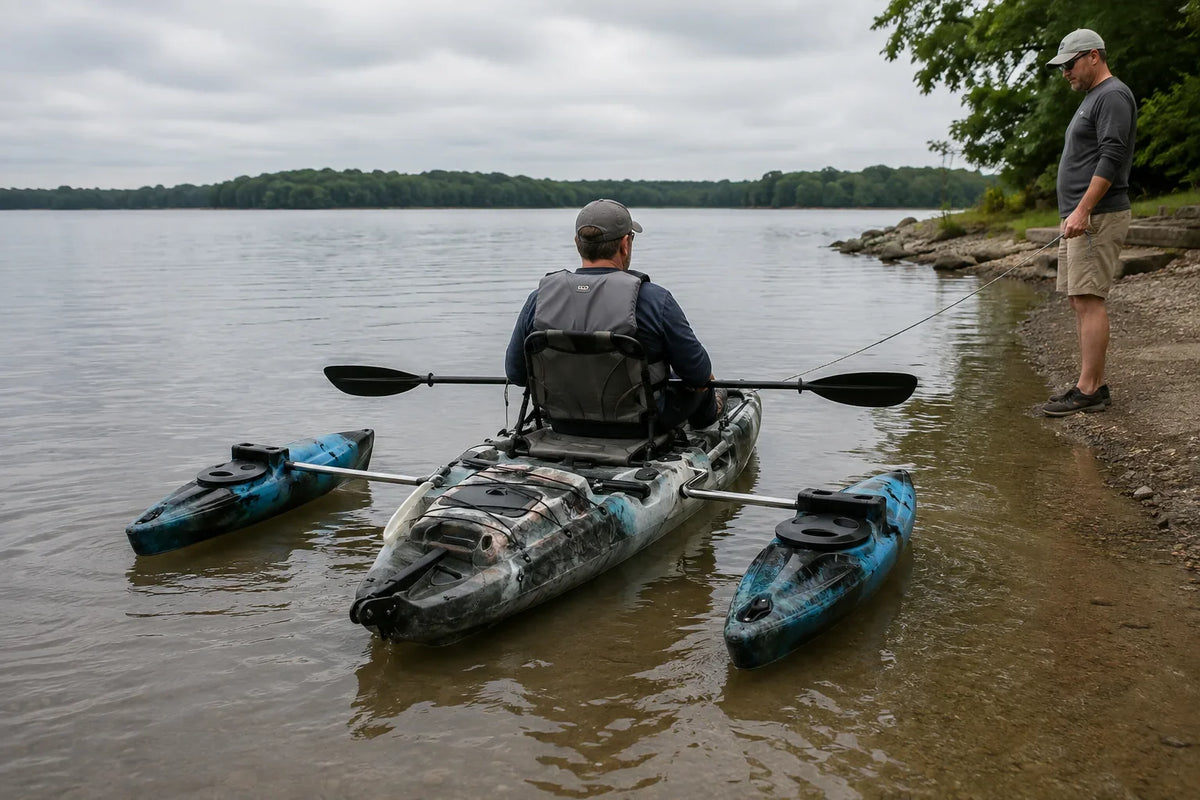 AI-generated technical illustration of a paddler and shore helper checking kayak outriggers in calm shallow water.