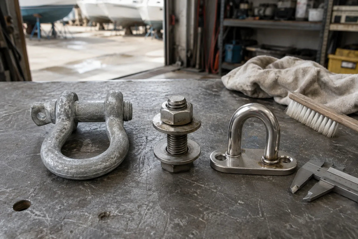 AI-generated technical illustration of weathered galvanized and polished stainless marine hardware samples on a workbench.