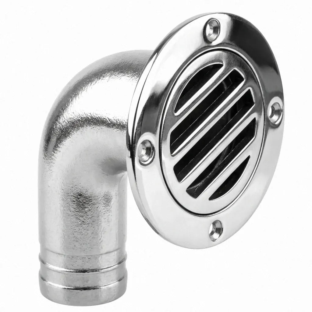 Mirror-polished 316 stainless steel 90-degree curved boat floor drain with slotted debris filter on a pure white background.