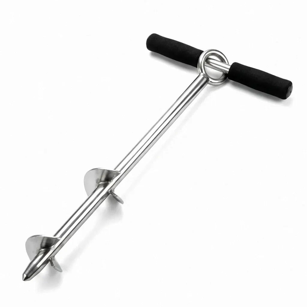 Professional 316 marine-grade stainless steel sand anchor with mirror finish, featuring an ergonomic T-handle and dual-plate auger screw for secure beach mooring.
