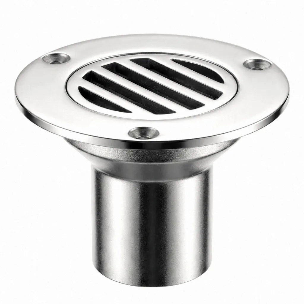 38mm Boat Floor Deck Drain forged from mirror-polished 316 Stainless Steel on a clean white background.