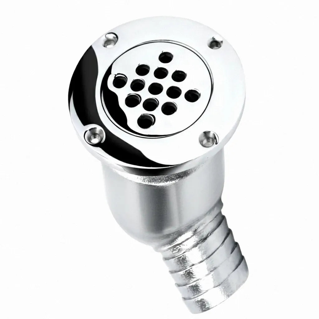 Hero shot of a 316 marine-grade stainless steel self-bailing boat floor drain with a 90-degree hose barb and mirror-polished flange on a white background.