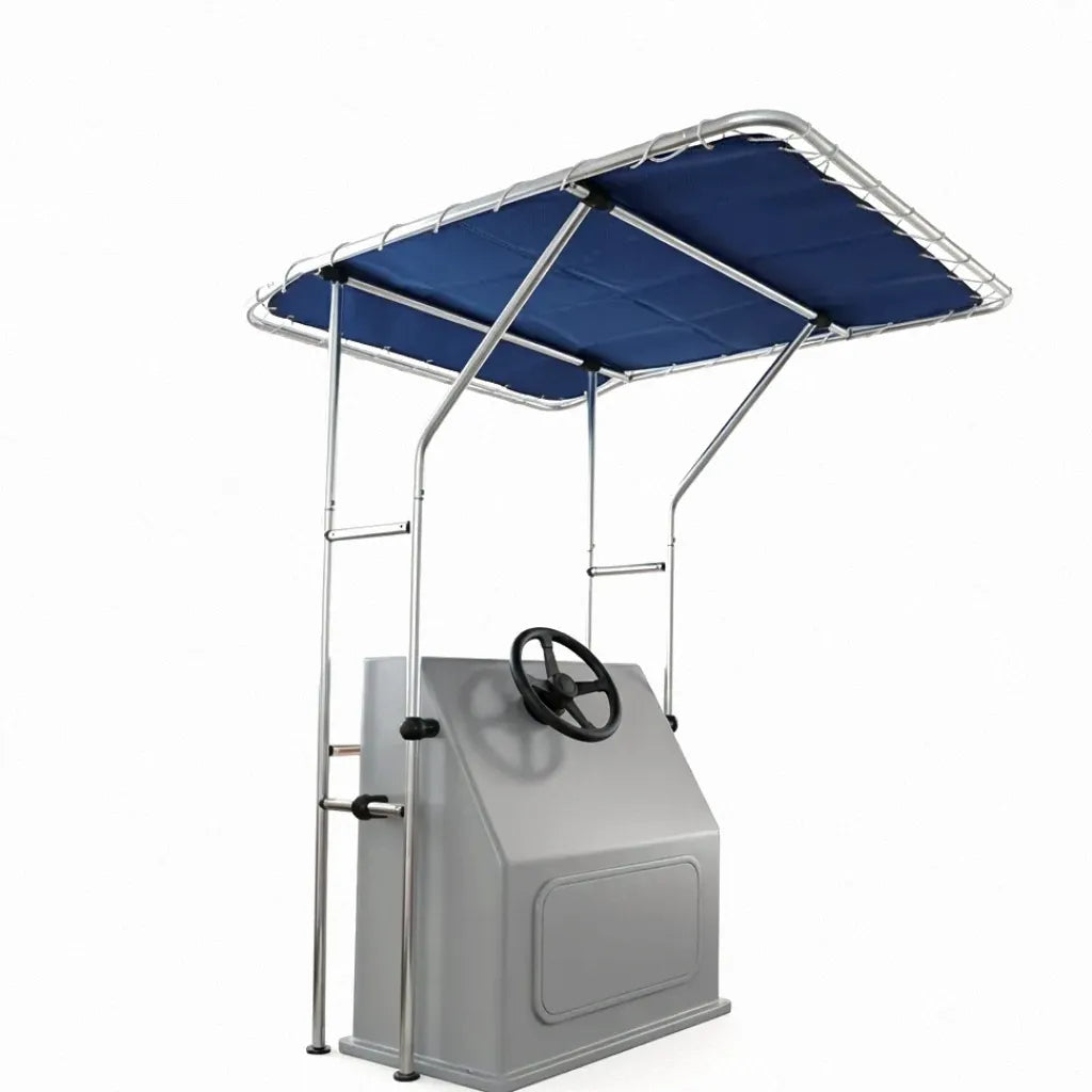 Hero shot of the Universal Marine T-Top with bright dipped aluminum frame and navy blue 600D Oxford canvas installed on a grey center console unit.