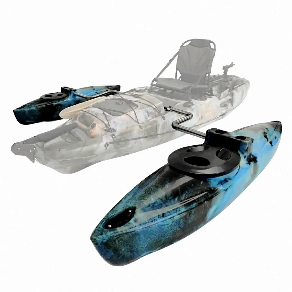 AirowMarine LLDPE Kayak Stabilizer System featuring blue camo outrigger pontoons and polished stainless steel mounting arms on a white background with a ghosted kayak outline.
