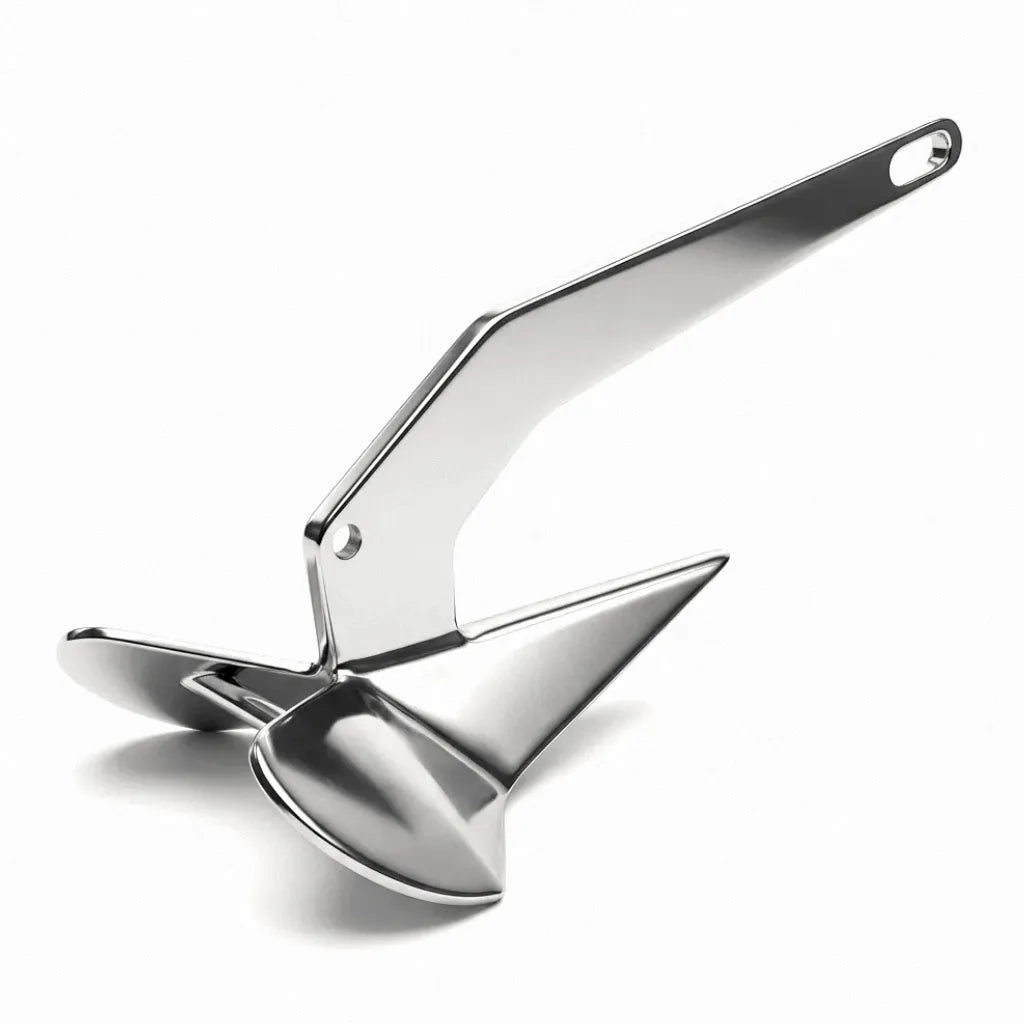 Hero shot of a high-gloss mirror-polished Delta anchor made of 316 marine-grade stainless steel against a white background.