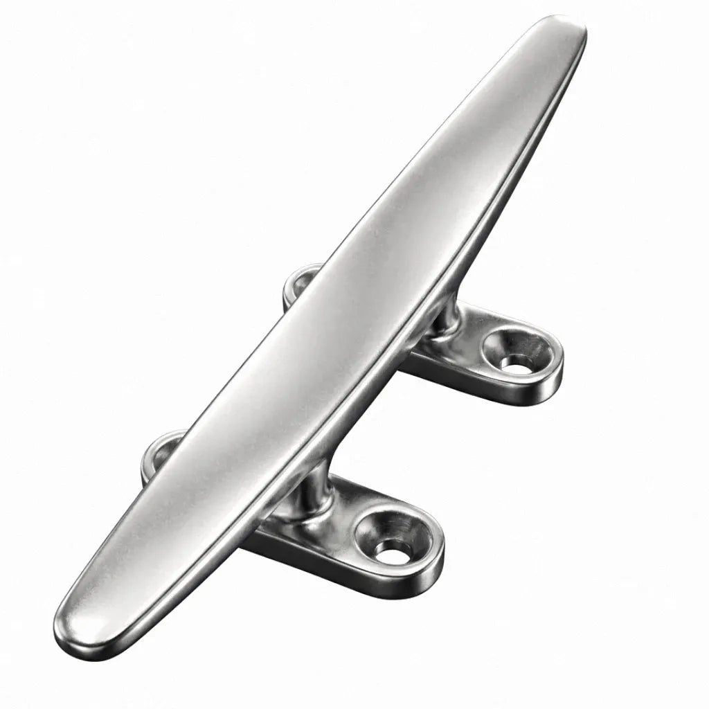 Hero shot of a 316 stainless steel open base boat cleat featuring a high-gloss mirror finish and four countersunk mounting holes on a white background.