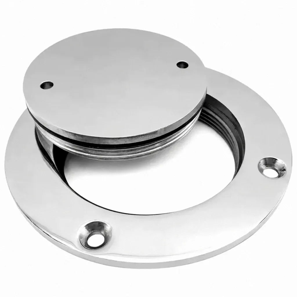 Mirror-polished 316 marine-grade stainless steel deck plate showing the removable threaded inspection cover on a clean white background.