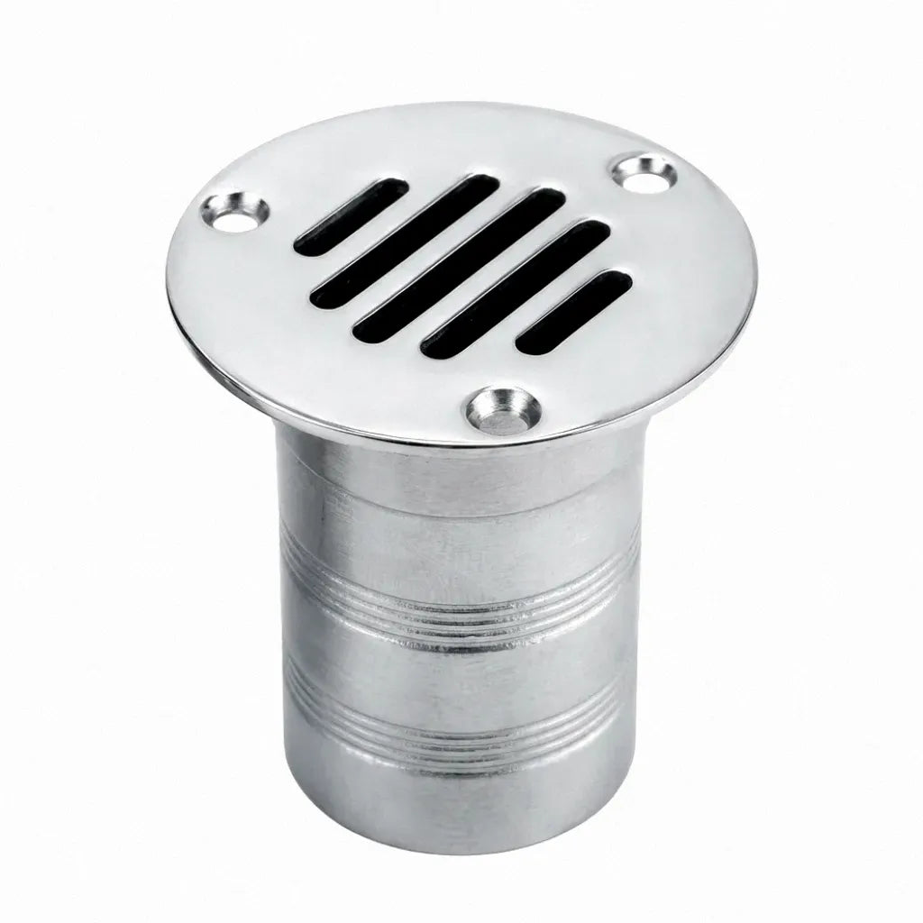 Mirror-polished 316 stainless steel boat floor deck drain on a white background, featuring a 5-slat high-flow grille and 3-screw mounting flange.