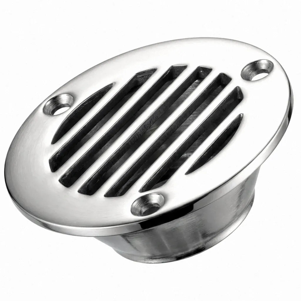 Universal tubeless boat floor deck drain made of mirror-polished 316 marine-grade stainless steel on a white background.