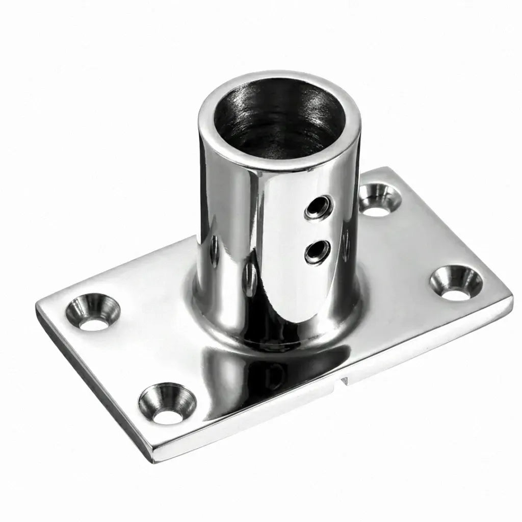 Mirror-polished 316 stainless steel 90-degree rectangular base handrail fitting on a pure white background for marine hardware applications.