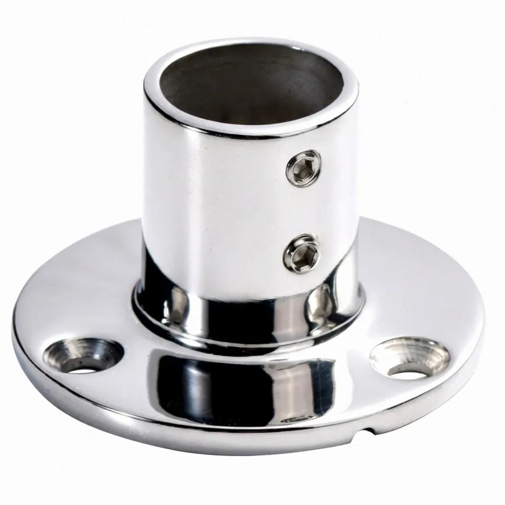 Mirror-polished 316 stainless steel 90-degree round base handrail fitting for marine vessels featuring dual hex set screws on a pure white background.