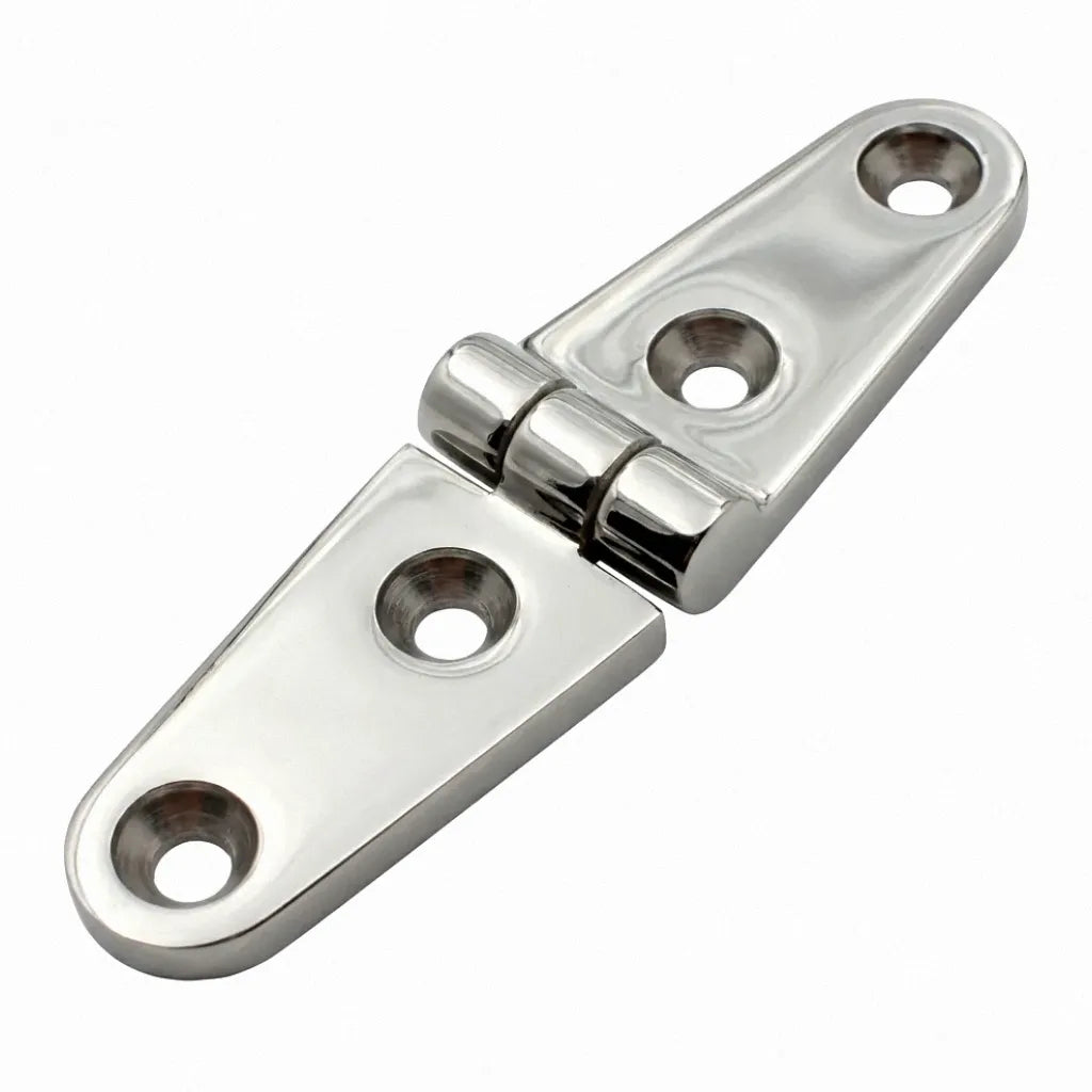 Hero shot of a Grade 316 stainless steel boat butt hinge on a white background, featuring a high-shine mirror polished finish and four countersunk mounting holes.