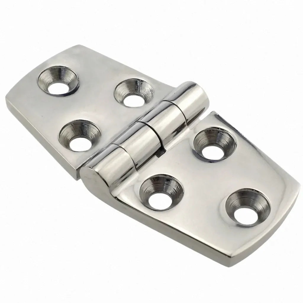 High-precision 316 stainless steel boat hinge featuring a mirror-polished finish and six-hole mounting design on a pure white background.