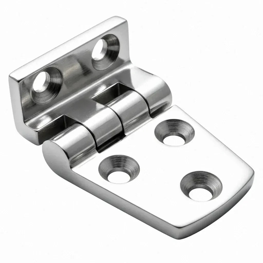 Isometric view of a premium 90-degree marine-grade 316 stainless steel offset hinge with mirror-polished finish on a pure white background.