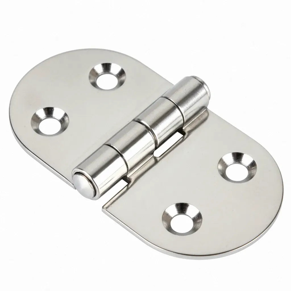 Mirror-polished 316 stainless steel heavy-duty oval hinge on a pure white background, showing four countersunk mounting holes and precision-engineered knuckles.