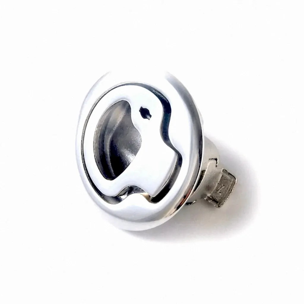 Hero shot of a 2-inch marine grade 316 stainless steel flush pull slam latch with mirror-polished finish for boat deck hatches.