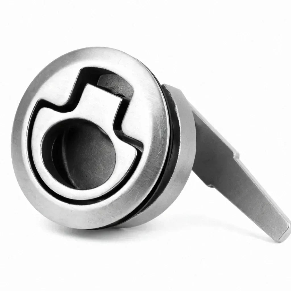 Premium 316 stainless steel flush pull slam latch with mirror polish finish on a white background for marine boat hatch applications.