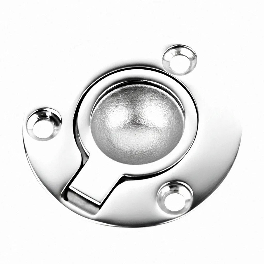 Mirror-polished AISI 316 marine grade stainless steel round flush lift ring for boat deck hatches, isolated on white background.