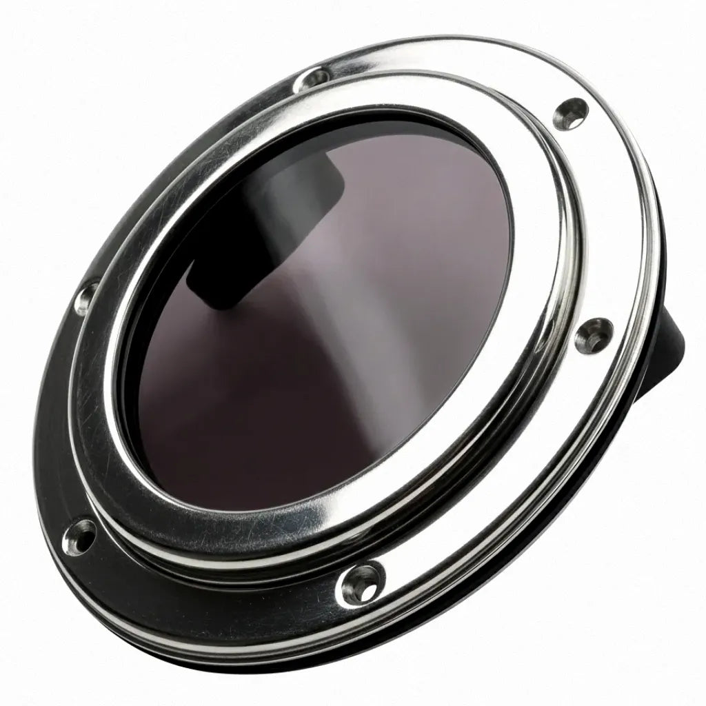 Mirror-polished 316 stainless steel boat porthole window on a white background, featuring a tinted acrylic portlight and 6-hole mounting flange.