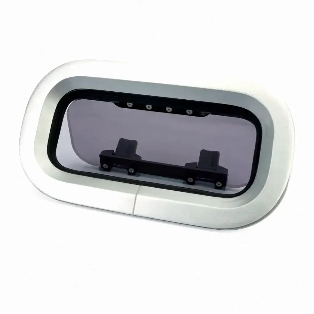 Anodized aluminum opening portlight for marine vessels featuring a high-precision cast alloy frame and tinted pressure-resistant acrylic window on a white background.
