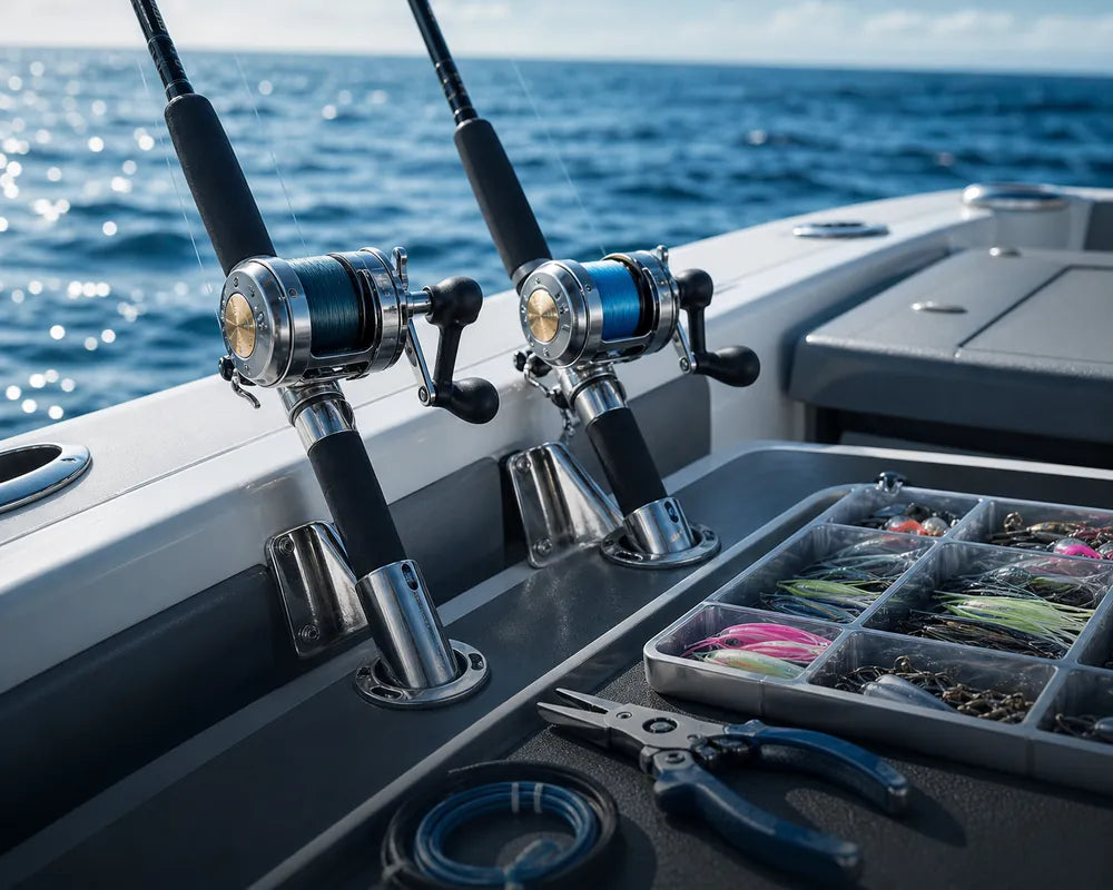 Marine fishing rod holders and tackle system