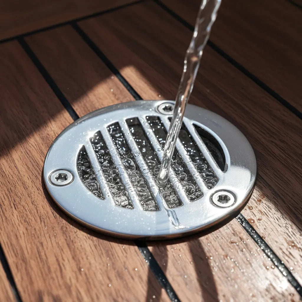 Marine deck drain, thru-hull plumbing and boat ventilation hardware