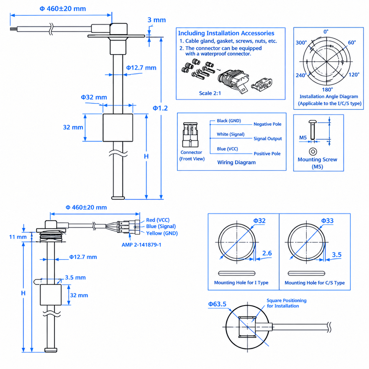 Marine Fuel & Water Tank Level Sensor - 316L Stainless Steel, 250-1000mm