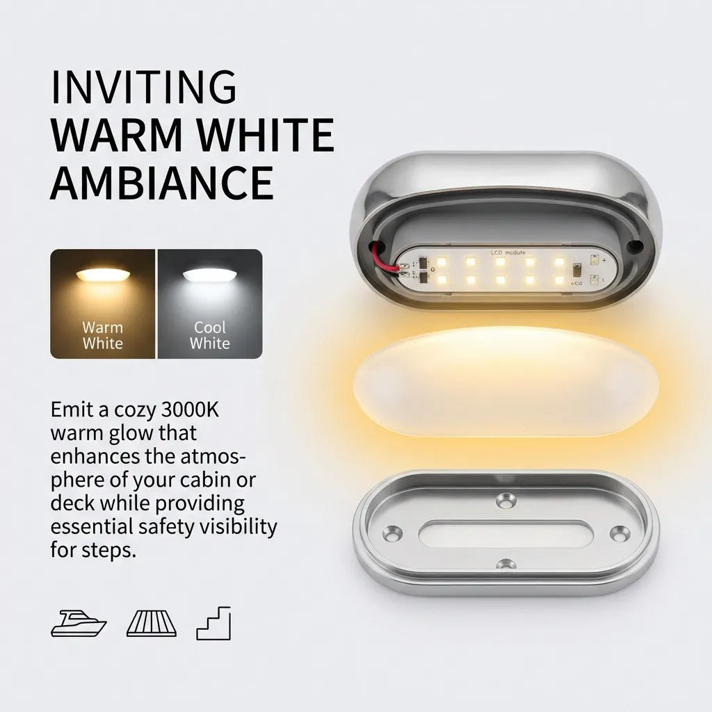 Exploded view of the step light assembly showing the internal LED PCB module, the protective lens, and the mounting base with a 3000K warm vs 6000K cool white comparison.