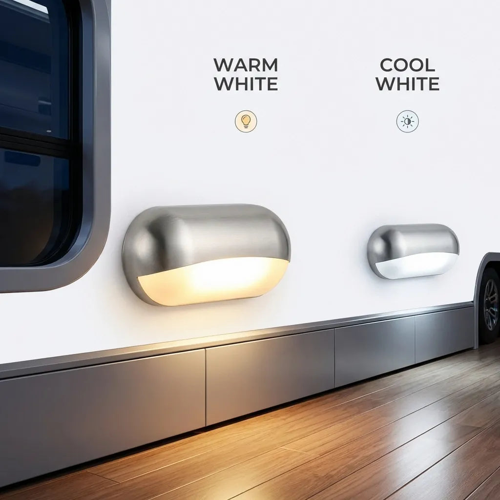 Comparison of warm white versus cool white lighting versions installed on the exterior siding of a modern RV trailer next to a high-traffic entry door.