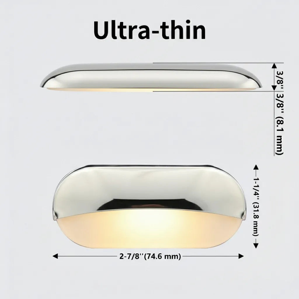 Technical dimension diagram showing the ultra-thin 8.1mm profile and 74.6mm length of the LED step light.