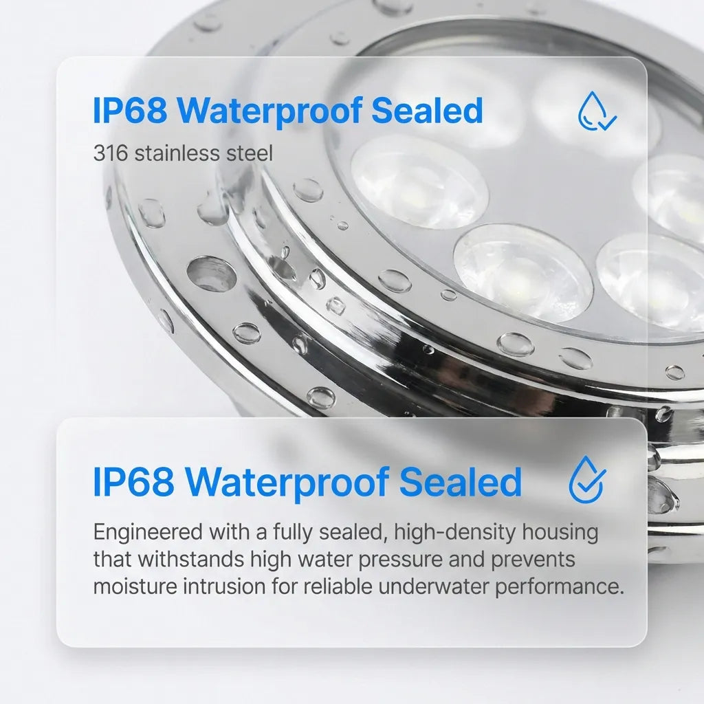 Macro shot of the IP68 waterproof seal and mirror-polished stainless steel finish with water resistance demonstration.