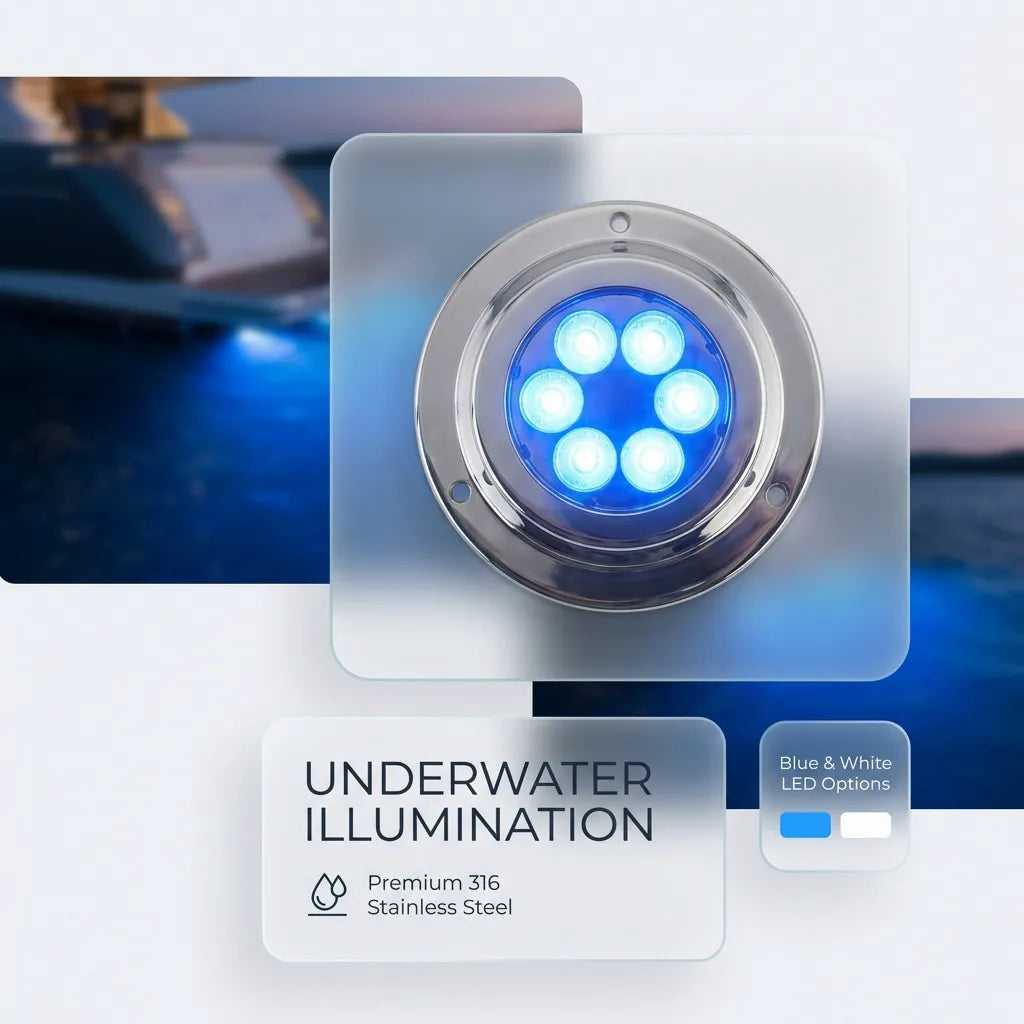 Collage showing blue and white LED illumination options on a yacht transom during night operation.