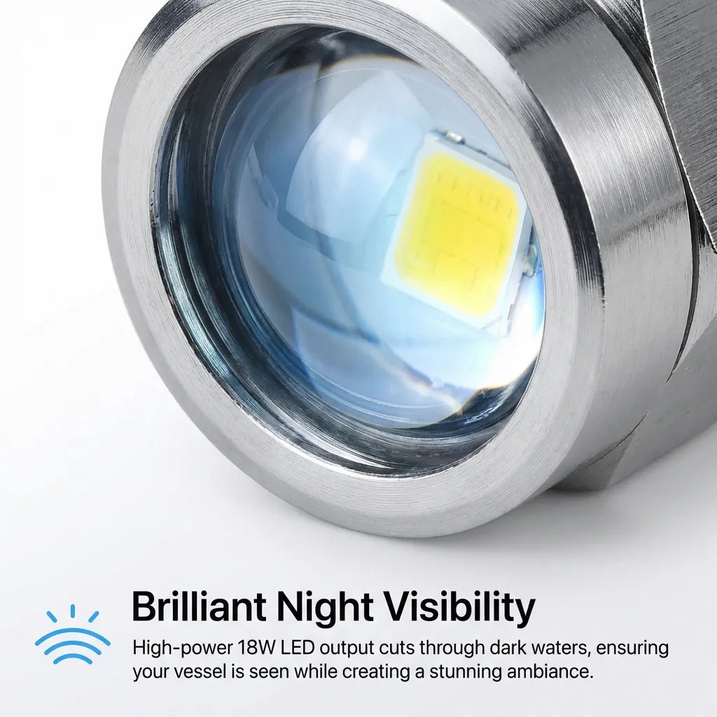 Detailed view of the 18W LED emitter through the optical lens, emphasizing brilliant night visibility for marine vessels.