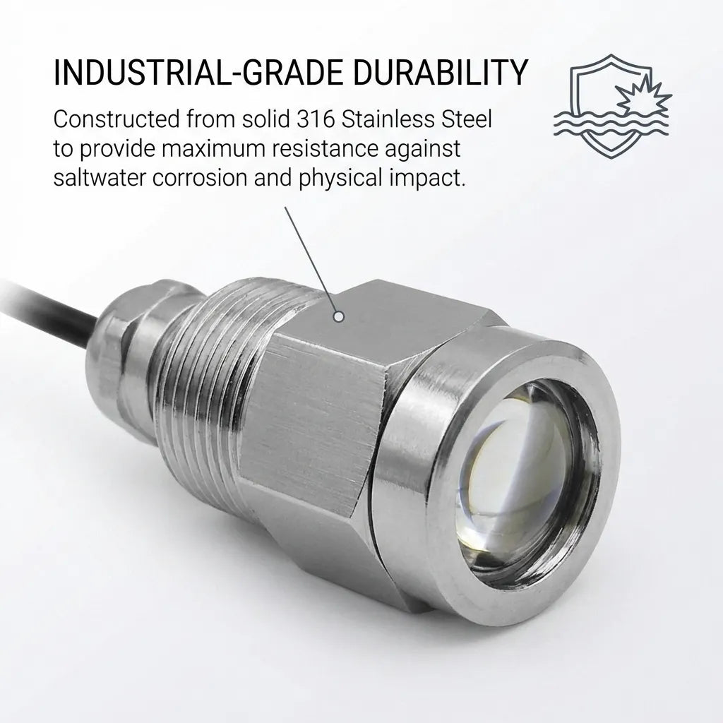 Infographic highlighting the industrial-grade durability and 316 stainless steel construction for maximum saltwater corrosion resistance.