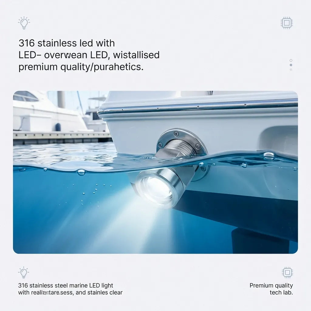 Close-up of a boat's hull at the waterline showing a white LED underwater light installed in the drain plug, cutting through clear water.