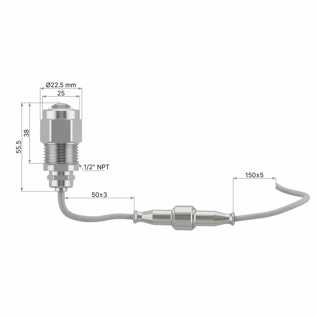 Technical blueprint showing dimensions: 55.5mm length, 25mm diameter, and standard 1/2 inch NPT threading for boat drain plugs.