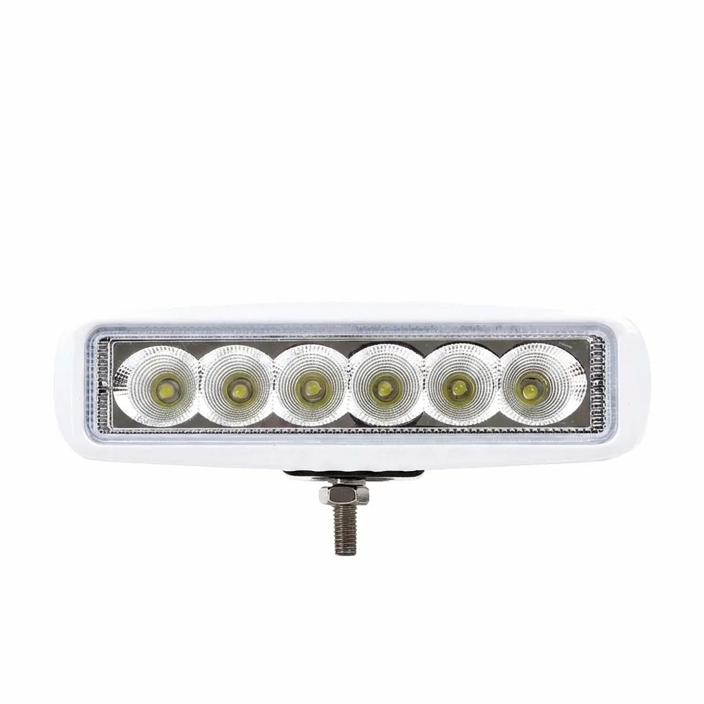 Hero shot of FOYO 18W Marine LED Spreader Light featuring six high-intensity 3W Cree LEDs in a UV-stabilized white housing with 316 stainless steel mounting hardware on a pure white background.