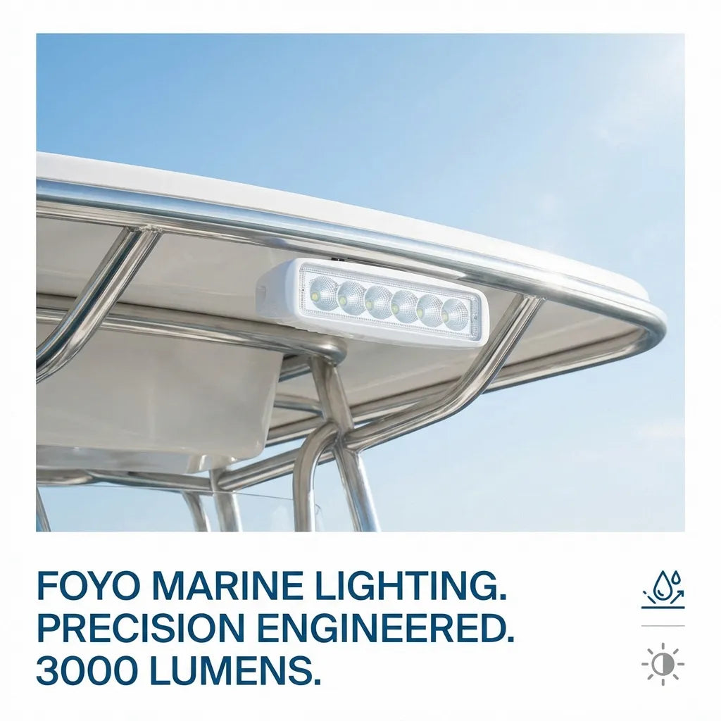 18W marine spreader light mounted under a center console boat T-top, demonstrating its 3000 lumen output for nighttime visibility.