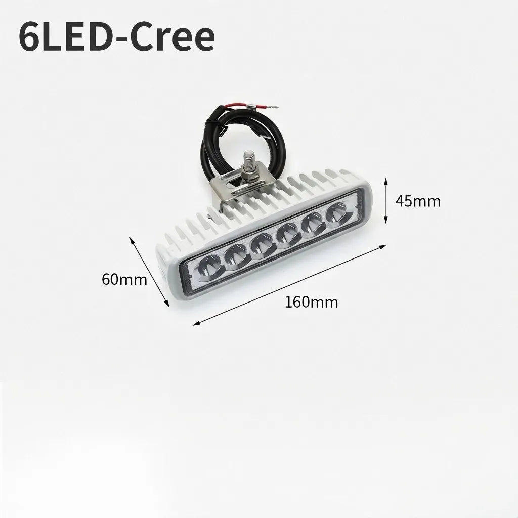 Technical dimension diagram for FOYO 18W light: 160mm length, 60mm depth, 45mm height, featuring Cree LED technology and integrated heat sink.