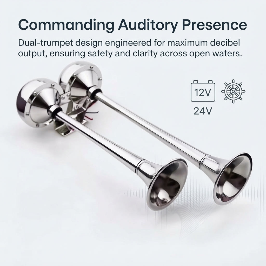 AirowMarine Dual Trumpet Marine Horn - 304 Stainless Steel, Ultra-Loud 12V/24V