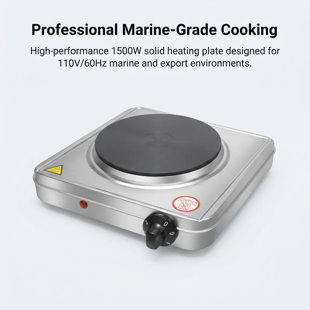 Airrow Marine 1500W Electric Hot Plate - Brushed Stainless Steel Solid Cooktop 110V