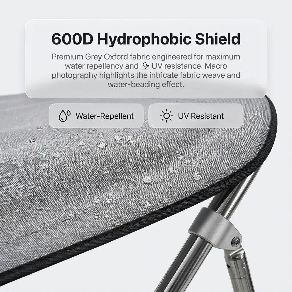 Macro detail shot of the grey 600D fabric weave showing the hydrophobic effect with water droplets beading on the surface.