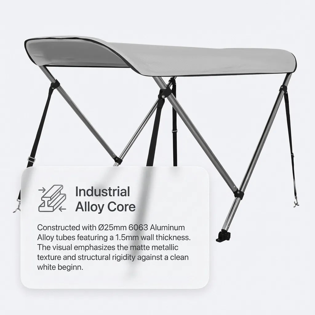 Infographic highlighting the industrial alloy core constructed with 25mm 6063 aluminum alloy tubes featuring 1.5mm wall thickness for structural rigidity.
