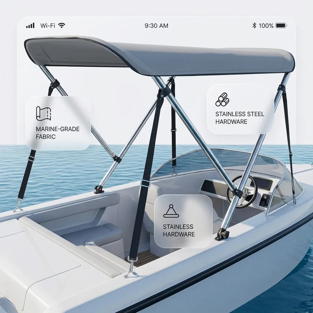 Lifestyle view of the 2-Bow Bimini Top installed on a white motorboat cruising on open blue water showing UV sun protection.