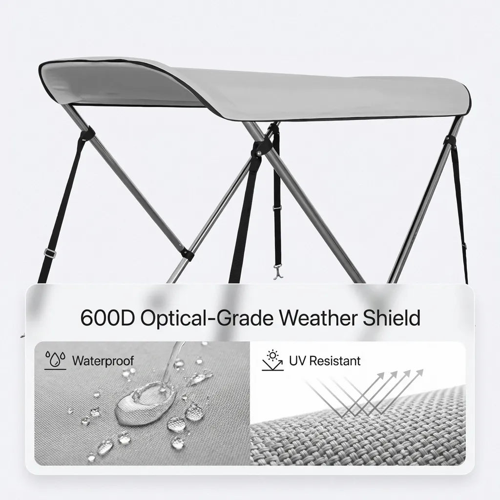 Close-up of the 600D optical-grade weather shield demonstrating waterproof properties and UV resistance capabilities.