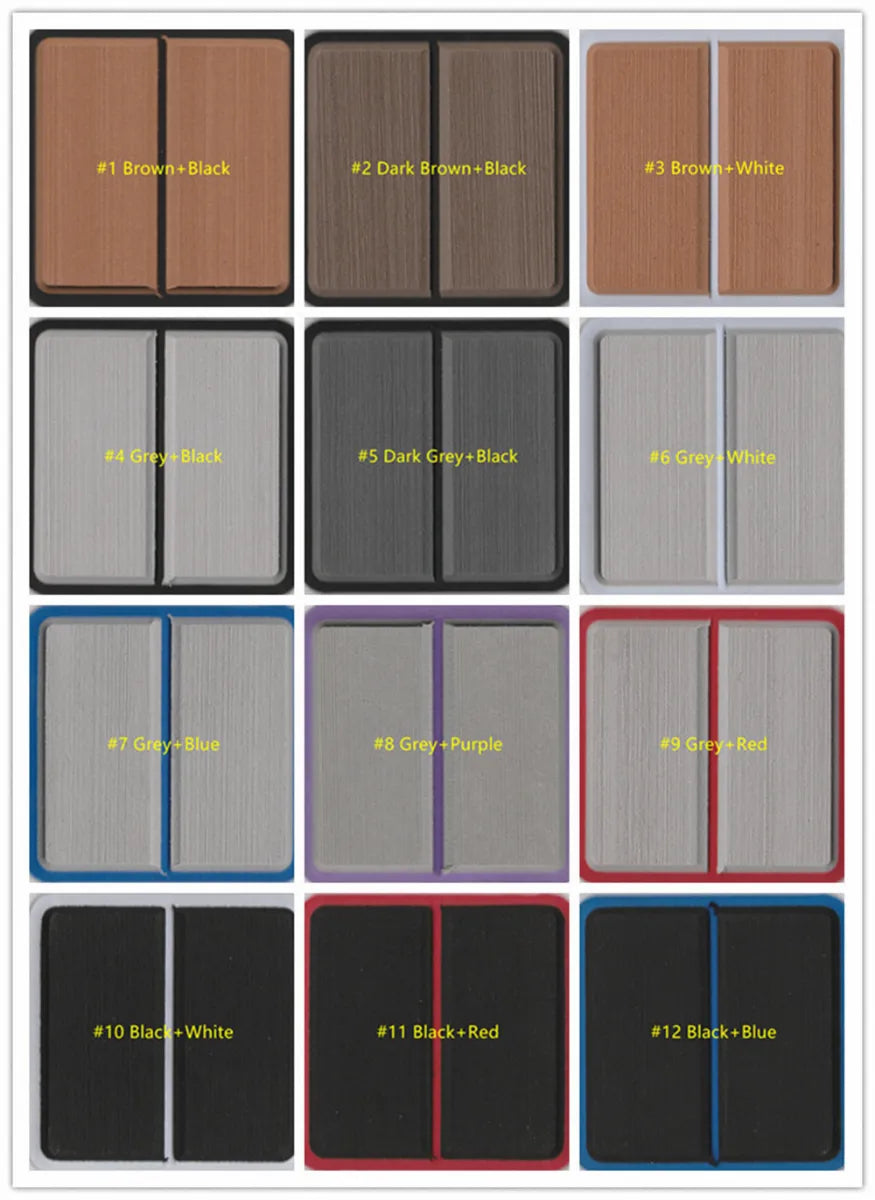 Color selection grid displaying twelve alternative dual-layer color configurations for boat decking customization including classic browns, modern greys, and bold blacks.